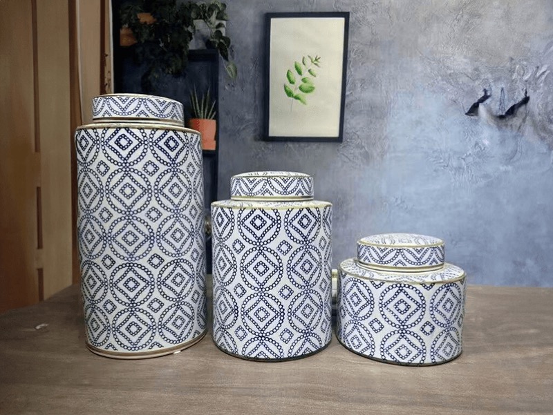 Patterned blue-and-white ceramic canisters styled in a kitchen — Yasmeen Artisan homeware